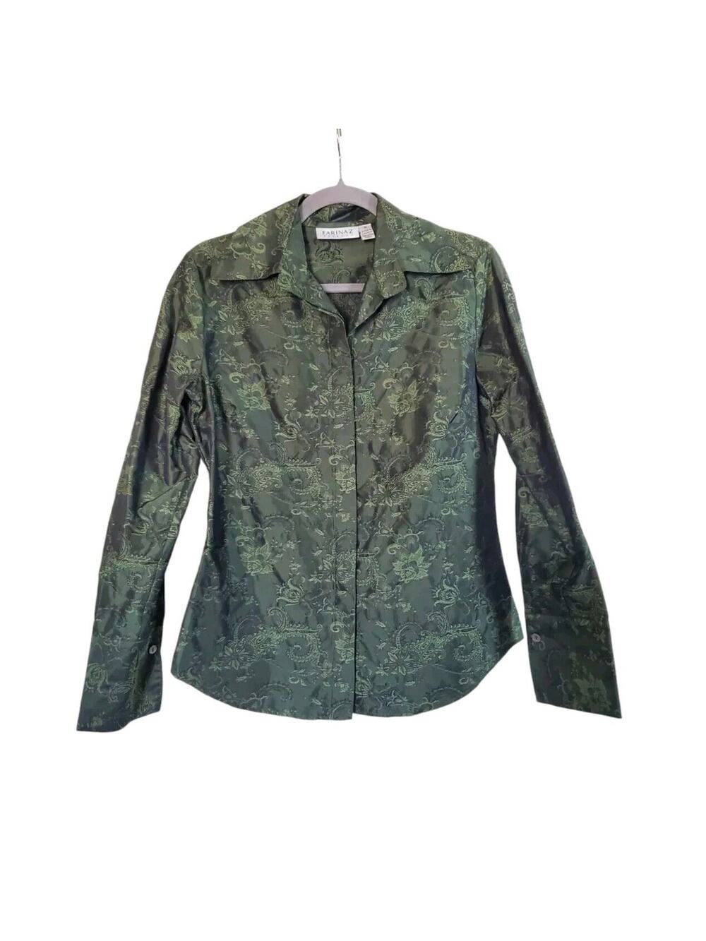 Farinaz Taghavi Forest Green Paisley Floral Evening Button Down Blouse, Size 8